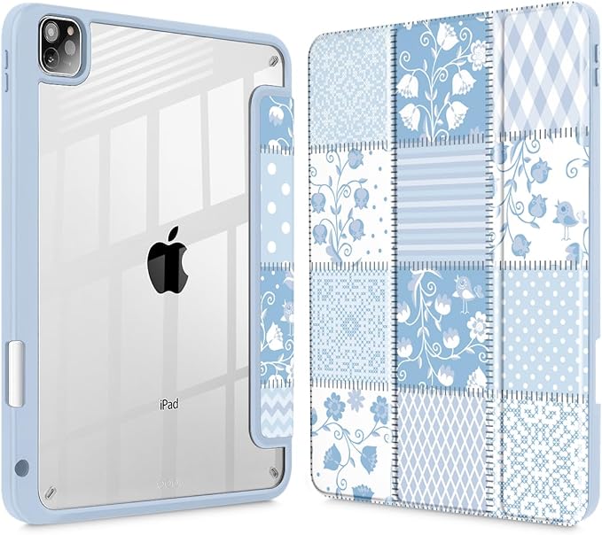 Tuiklol for iPad Pro 11 Inch 4th / 3rd / 2nd / 1st Gen (2022 2021 2020 2018) Case -Built-in Pencil Holder Shockproof Cover Clear Transparent Back Shell with Auto Wake/Sleep, Patchwork Floral