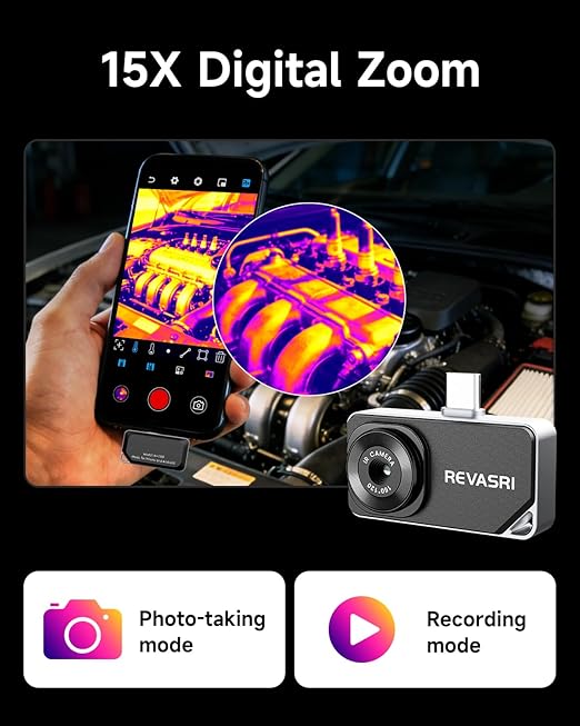 REVASRI Thermal Camera for Type-C iPhone & Android Device, 320x240 Super Resolution, 15x Digital Zoom, 25Hz Thermal Imaging Camera for Water Leak Detection,HVAC Electrical Plumbing, Home Inspection