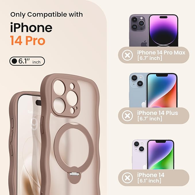 CAPRARO for iPhone 14 Pro Case with 360° Spin Magnetic Stand for Women, [Compatible with MagSafe] [Full Camera Protection] Cute Wave Translucent Matte Case for iPhone 14 Pro,Brown