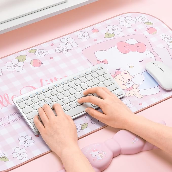 Kuitmor Kawaii Anime Mouse Pad Wrist Rest Support Set - Non-Slip Desk Mat and Memory Foam Bowknot Wrist Rest for Keyboard and Mouse,Perfect for Gaming or Home Office Work - FlowerCat