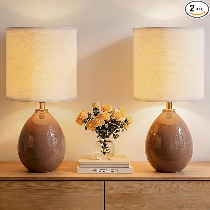 Dawnwake 18.5" Table Lamp Set of 2 for Living Room Bedroom, Bedside Lamps for Night Stands, Desk Nightstand Lamp Dimmable, Modern Linen Cream Ceramic Lamps (Coffee)