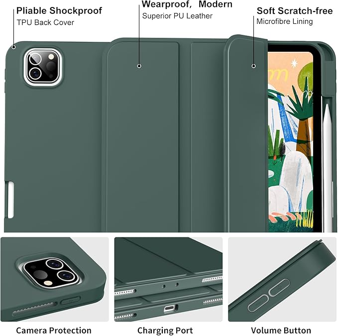 Case for iPad Pro 12.9 Inch Case 6th/5th/4th/3rd Generation with Pencil Holder, Smart Stand Cover with Soft TPU Back for iPad 12.9 Pro Case (2022/2021/2020/2018), Auto Sleep/Wake, Dark Green