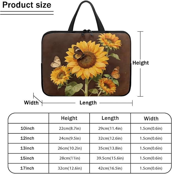Sunflowers 10-17 Inch Laptop Sleeves Bag for Women Girls, Tablet Carrying Case Computer Cover with Handle, Zipper Notebook Messenger Briefcase Shoulder Bag for Work/School/Travel