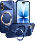 TOBOVON Magnetic for iPhone 17 Case with Ring Stand, Fits MagSafe, with Built-in Camera Lens Protector, Slim Electroplated Shockproof Phone Cover, Blue