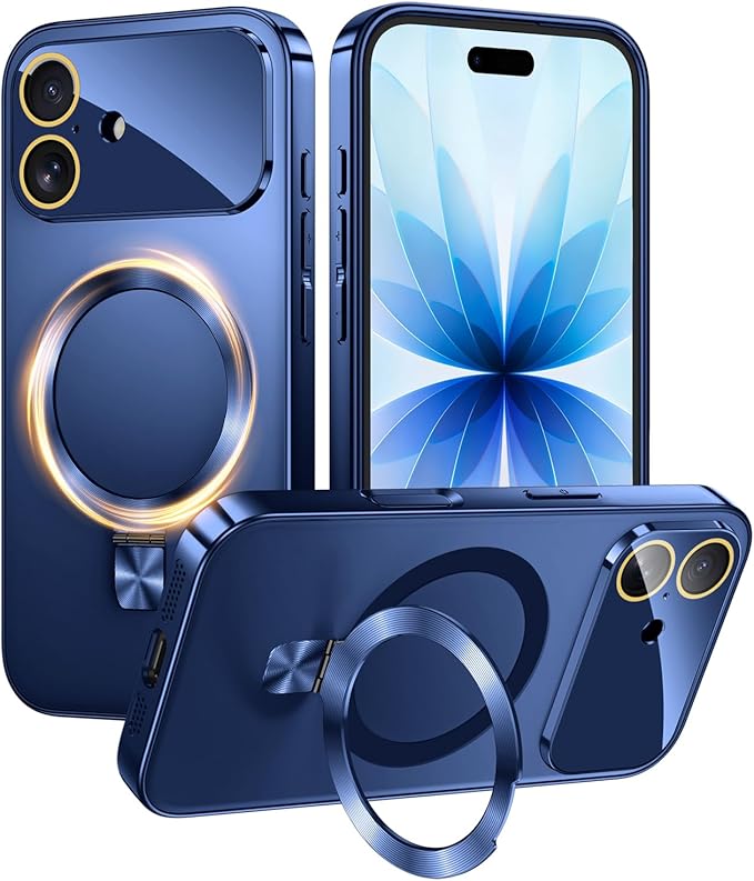 TOBOVON Magnetic for iPhone 17 Case with Ring Stand, Fits MagSafe, with Built-in Camera Lens Protector, Slim Electroplated Shockproof Phone Cover, Blue