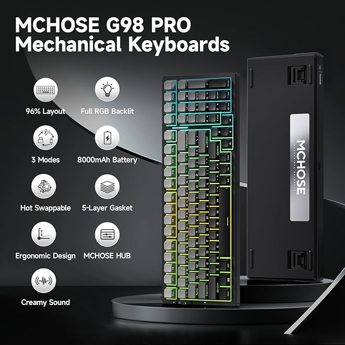 MCHOSE G98 PRO Wireless Mechanical Keyboard, Tri-Mode Connection Gaming Keyboard, Hot Swappable Custom Gasket Structure Pre-lubed Linear Switches Double Shot PBT Keycaps RGB LED Backlit Gradient Black