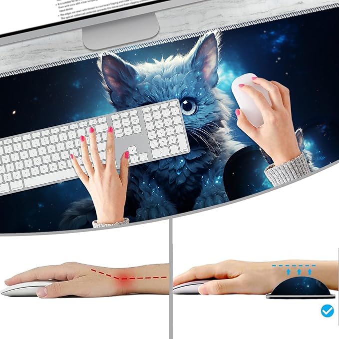 Extended Non-Slip Mouse Pad + Mouse Wrist Rest + Lace-Shaped Coaster Set, Ergonomic Design, Suitable for Desk and Home Gaming Table Mat, Galaxy Cat
