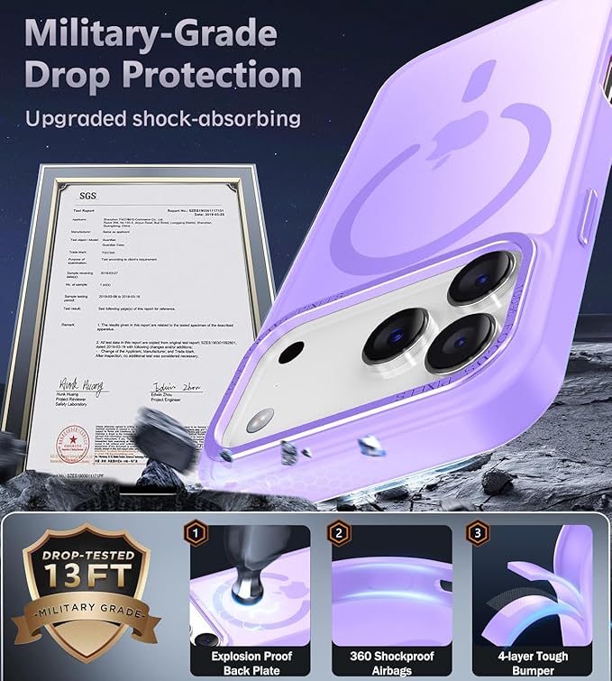 Newfuture Magnetic for iPhone 17 Pro Case [Compatible with Magsafe] [Military Grade Drop Protection] Translucent Matte Anti-Scratch Shockproof Protective Phone Cover 6.3 Inch, Lilac Purple