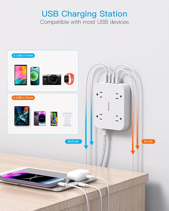 10 Ft Extension Cord, HANYCONY Ultra Thin Flat Power Strip with 4 Outlets 4 USB Ports (2 USB C), Wall Mount, Multi Plug Outlet Extender Desk Charging Station for Office Travel Dorm Room Essentials