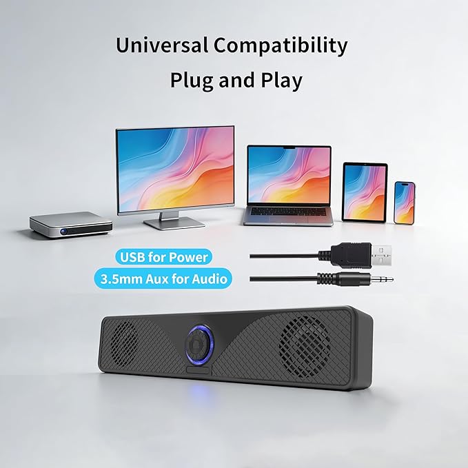 Computer Speakers for Desktop Monitor, USB Powered Wired PC Soundbar with 3.5mm AUX, Plug & Play Speaker Bar with Volume Knob, Clear Sound for Laptop, PC, Home and Office, Black