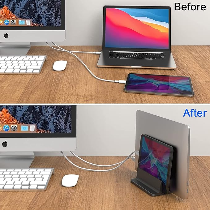 Double Slot Vertical Laptop Tablet Stand Mount Space -Saving Storage for MacBook Laptop Chromebook Tablet,Smartphone (Black)