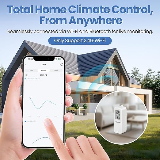 WiFi Refrigerator Thermometer Hygrometer with Alarm, Freezer Temperature with Probe, Wireless Digital Fridge Thermometer Humidity Sensor, Free Data Export for Home Kitchen Fridge Tub