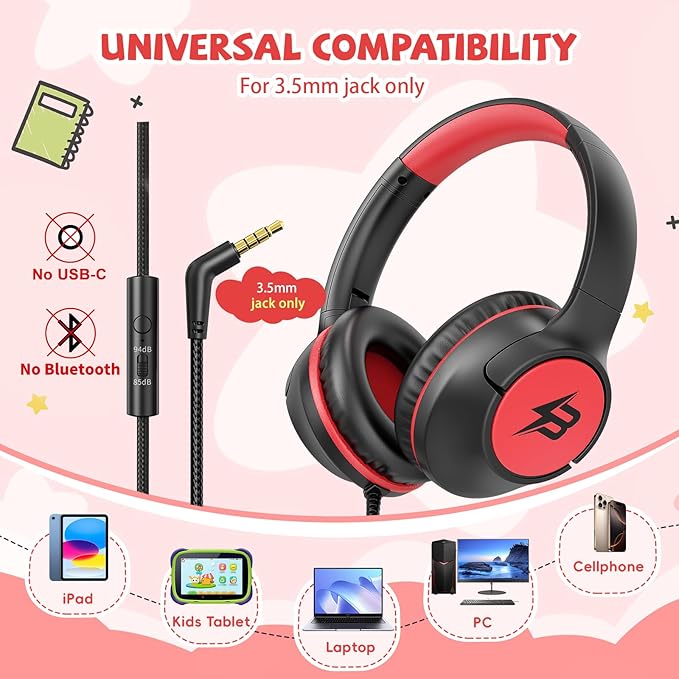 Kids Headphones Wired for School, 85/94dB Volume Limit, Wired Over Ear Headphones for Kids Boys Girls with Microphone, Stereo Sound 3.5mm Cord for Kindle Tablet Airplane Travel, Black Red