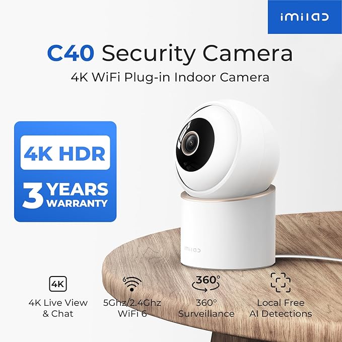 IMILAB 4K 8MP Security Camera Indoor, 360° View Pet/Dog/Baby Camera with Xiaomi Home App, 2.4G/5G WiFi Plug-in Room Cam, Color Night Vision, Pet&Human Track, Two-Way Audio, No Subscription(C40)