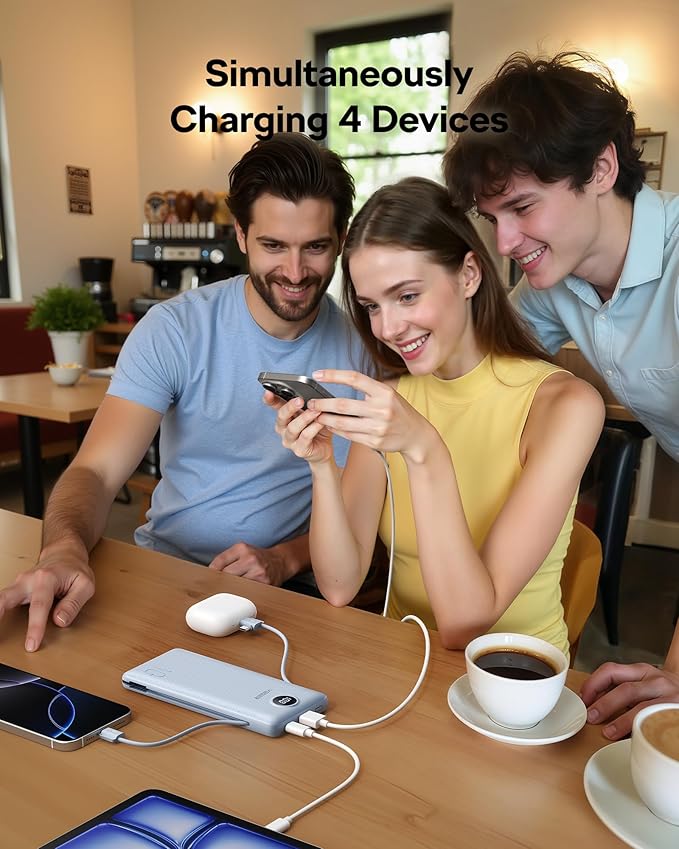 VEGER All in One Travel Portable Charger with Built-in AC Plug & Cables, 10000mAh Slim Power Bank Battery Pack, 15W Fast Charging Compatible with iPhone, Samsung, Android-Black