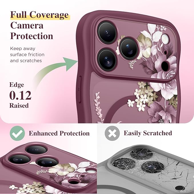 GVIEWIN for iPhone 17 Pro Max Case Compatible with MagSafe [Curly Wave Edge][Full Camera Protection] Floral Translucent Shockproof Magnetic Women Phone Case for 17 Pro Max, Cherry Blossoms/Burgundy