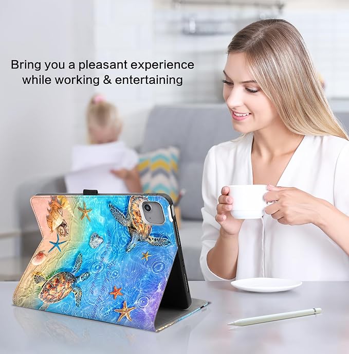 Lokigo Case for iPad Air 13 Inch M4/M3/M2 (2026/2025/2024), iPad Pro 12.9 Inch 6th/5th/4th/3rd Gen with Pencil Holder/Hand Strap/Pocket, Support Touch ID, Shockproof Soft Back Stand Cover, Sea Turtle