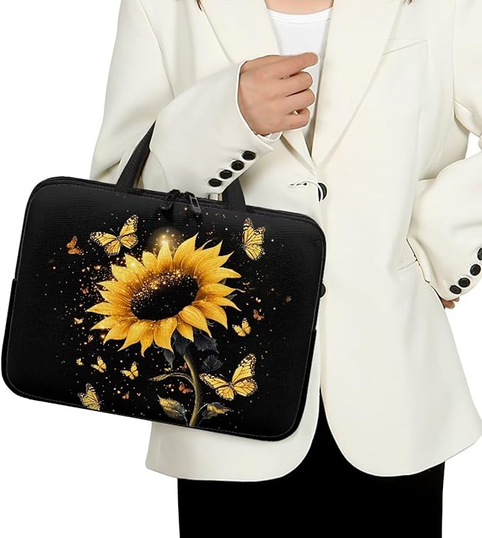 Sunflower Butterfly 10-17 Inch Laptop Sleeve, Portable Computer Bag Tablet Carrying Case with Handle, Women Business School Tote Bags Notebook Case Handbag Briefcase