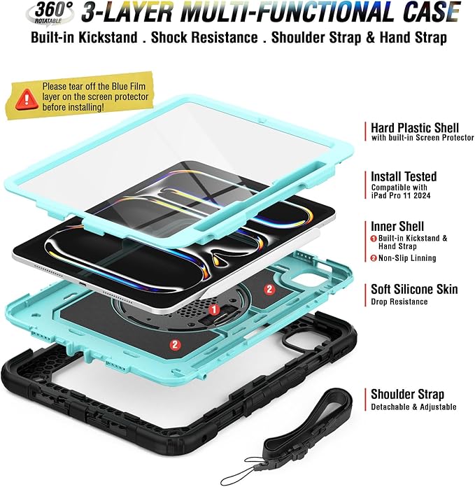 iPad Pro Case 11 Inch for Kids | iPad Pro 11 5th Generation Case with Screen Protector Pen Holder | Hybrid Shockproof Rugged Drop Protection Cover W/ 360° Kickstand Shoulder Strap | SkyBlue