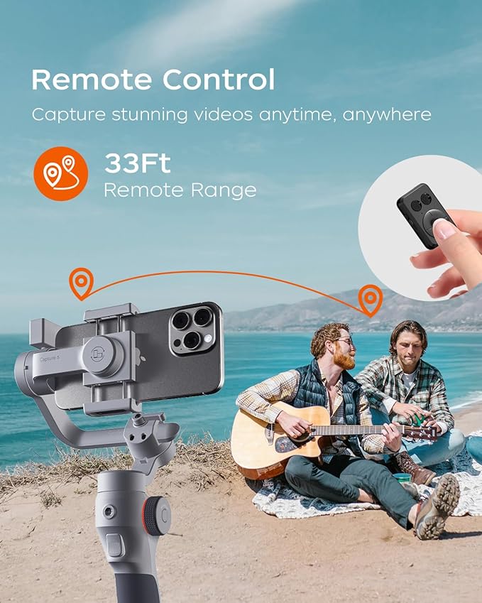 Capture5 Gimbal Stabilizer for Smartphone, Magnetic AI Tracker Fill Light Remote Control 500g Payload, 3-Axis Phone Gimbal for Android & iPhone 16 15 Pro Max for Video Recording（Gray）