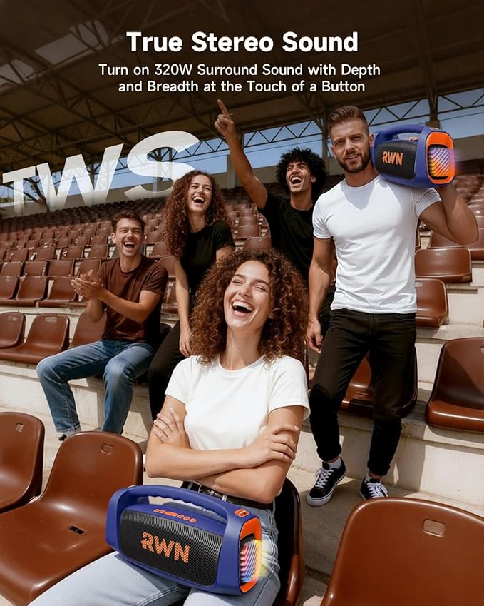 RWN Outdoor Bluetooth Speaker: 160W Loud Sound, IP67 Waterproof with 24H Playtime, Fast Charge, Bass, TWS, Portable Wireless Speakers with Light Show for House, Party, Projector, Beach (Blue+Orange)