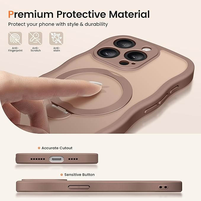 CAPRARO for iPhone 14 Pro Case with 360° Spin Magnetic Stand for Women, [Compatible with MagSafe] [Full Camera Protection] Cute Wave Translucent Matte Case for iPhone 14 Pro,Brown