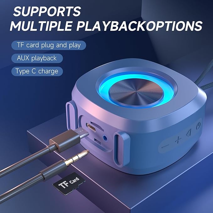 PEICHENG Speaker, Small Portable Bluetooth Wireless IPX5 Waterproof Shower Speaker,Loud Stereo Sound Deep Bass,Dual Pairing, RGB Lights,Long Playtime for Outdoor Party, Great Gift,1PC (Blue)