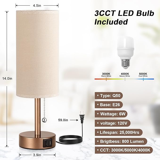 PartageiZ Brown Table Lamp for Bedroom Nightstand - Small Lamp with USB A + C Charging Port, 3 Color Temperatures Pull Chain Night Stand Light, Silver Base Desk Reading Lamp for Living Room