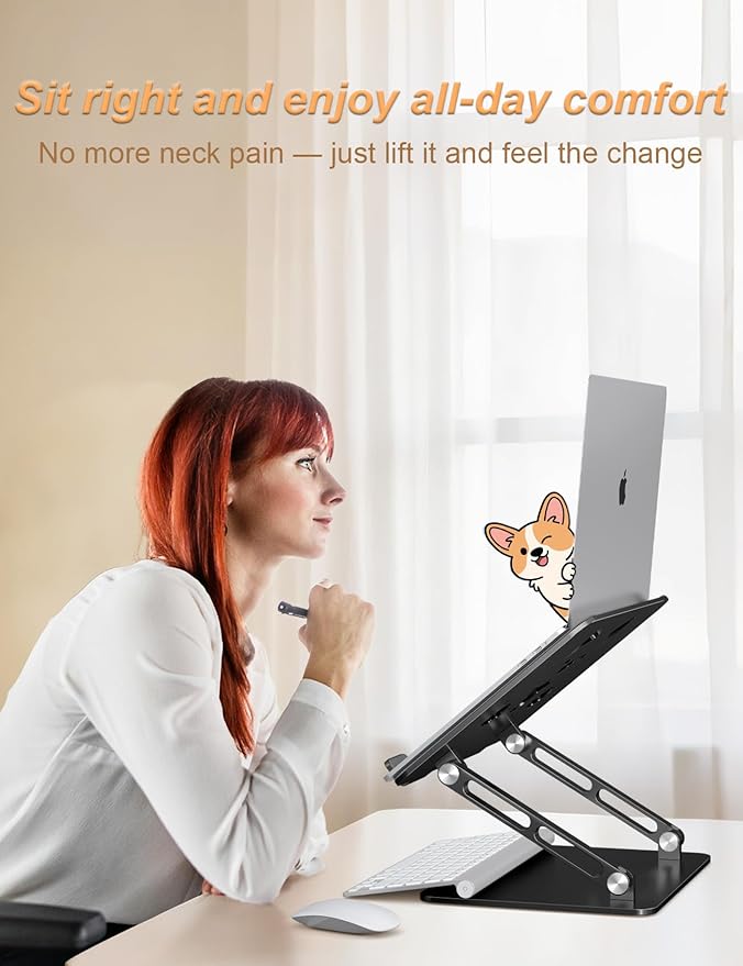 Aoviho Laptop Stand for Desk-Adjustable, Foldable, Portable, Ergonomic Aluminum Notebook Riser with Unique Puppy Cooling Vent, Desk Gift for 10"-17.3" Devices Mac, Dell, HP, Lenovo, Samsung, Black
