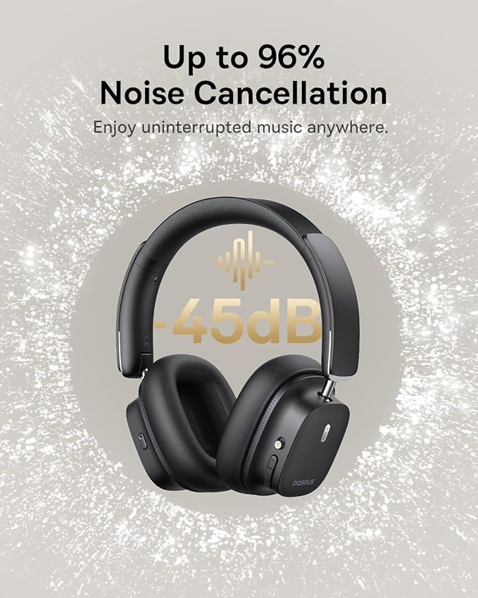Baseus Bowie 30 Max Active Noise Cancelling Headphones, Head Tracking Spatial Audio, LDAC Hi-Res Wireless Sound, 65H Playtime, Comfort Fit, Clear Calls, App Control, Bluetooth 5.4 Headphones Over Ear