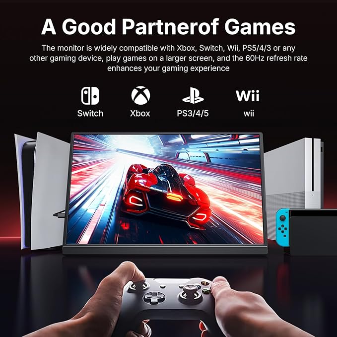 WGK 15.6 inch Portable Monitor 1080P FHD Travel Display HDMI/USB-C Compatible with Laptops, Desktops, Phones, PS, Mac, Xbox, Switch, and Other Gaming Devices Includes Stand and Speakers VESA