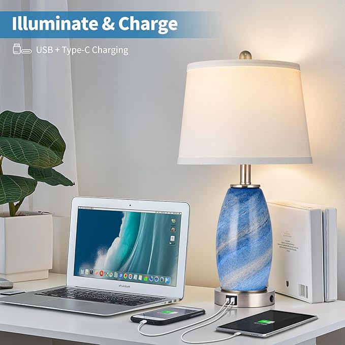Blue Lamp for Bedroom & Bedside with 3-Way Lighting Modes & USB C+A - Modern Style Glass Nightstand Table Lamp for Living Room & Bedroom Decoration (23.5" H)