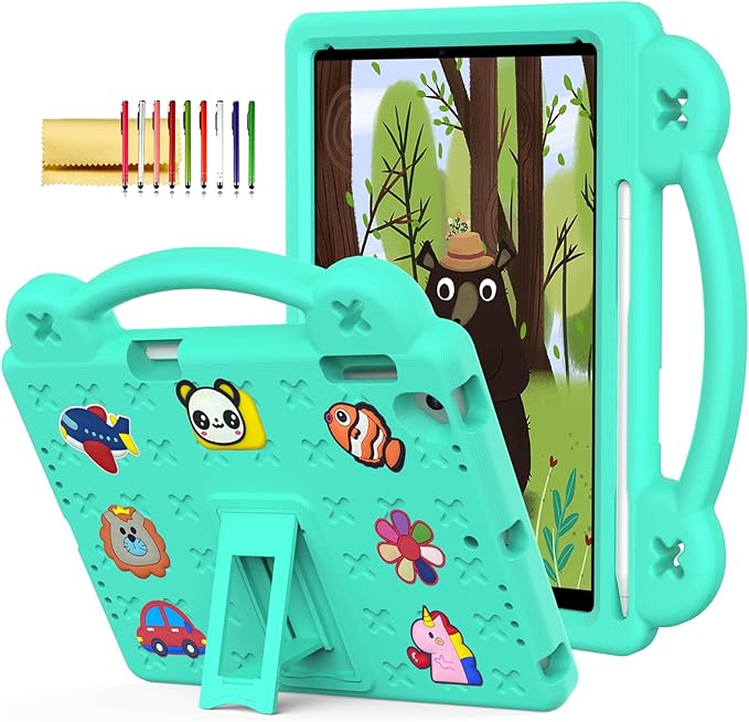 Dteck Kids Case for iPad 9.7 Inch 6th/5th Gen 2018/2017 & iPad Air 2/1 & iPad Pro 9.7,Cartoon Panda Shockproof Rugged Lightweight Pencil Holder Convertible Handles Stand Kids Friendly Case,Mint Green