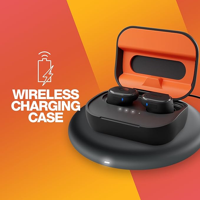 Skullcandy Grind Fuel Wireless Earbuds, Bluetooth Headphones, Up to 40 Hours Battery, Noise Isolating Fit, Wireless Charging Case, Microphone, Customizable via Skull-iQ App - True Black/Orange