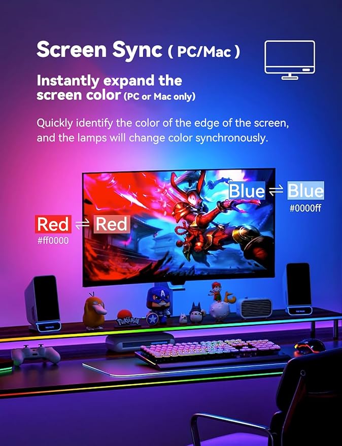 Monitor LED Backlights for PC & Mac, LED Strip Light Sync with Screen Color/Music, Computer Light Bar Behind Screen, LEDs for Desk Gaming, USB Port,Software Control, G100 (4-Side 24inch)
