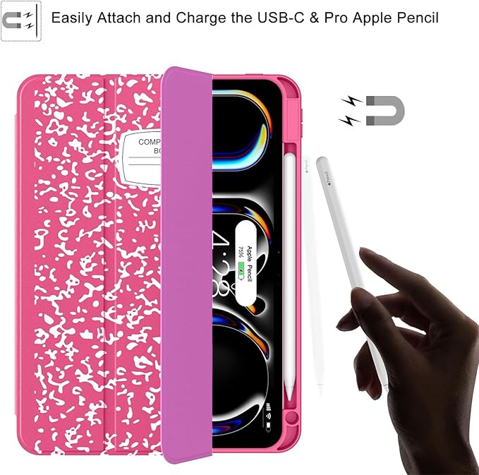 Soke Case for New iPad Pro 11 Inch (M5/M4) 5th Generation 2024-2025 with Pencil Holder - [Shockproof + Apple Pencil Charging + Auto Wake/Sleep], Soft TPU Back Cover for iPad Pro 11", Book Hot Pink