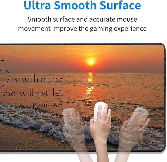 3 Piece Mouse Pad Set with Stitched Edge Large Anti-Slip Mouse Pad Desk Pad Keyboard Pad + Wrist Rest Pad + Coaster, Memory Foam Wrist Rest for Office/Home, Dusk Beach Quotes Psalm46:5