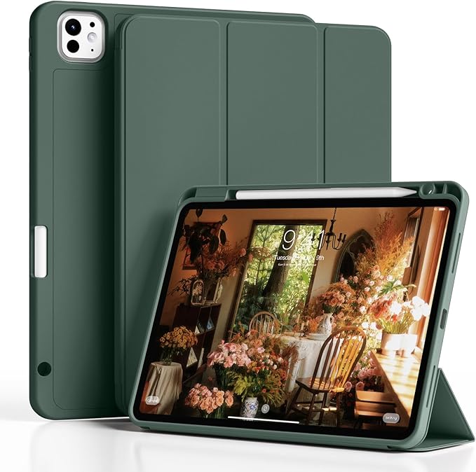 Case for iPad Pro 12.9-inch 2022/2021(6th/5th Gen),iPad Air 13 Inch(M4/M3/M2,2026/2025/2024)with Pencil Holder,2nd Gen Pencil Charging,Auto Sleep/Wake,Flexible TPU Protective Cover(Dark Green)