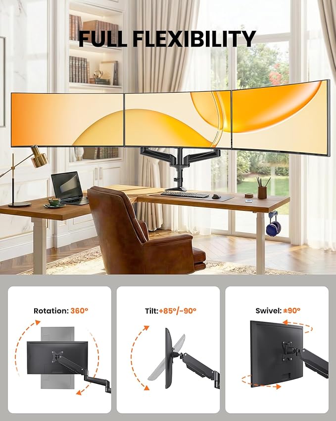 ErGear Triple Monitor Mount, Fully Adjustable Gaming 3 Monitor Desk Mount for 17 to 32 inch Computer Screens, Swivel, Tilt, Rotation, C-Clamp & Grommet Base