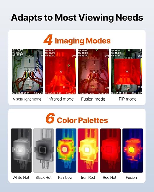 VEVOR Thermal Camera, 320 x 240 TISR Super Resolution, Thermal Imaging Camera with 2MP Visual Camera, 160 x 120 IR Resolution, 25 HZ Refresh Rate, -4°F to 1022°F, 4 Image Modes & 6 Color Palettes
