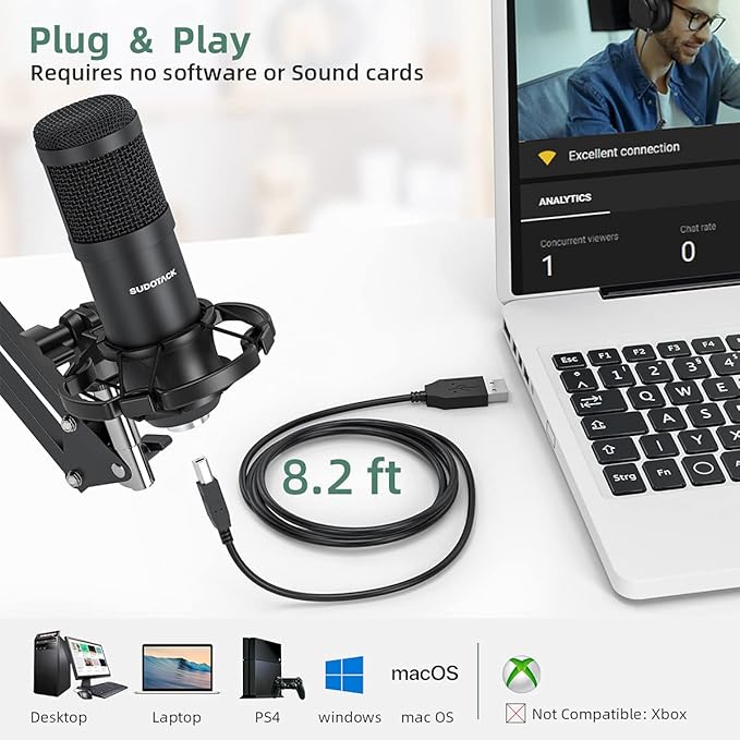 SUDOTACK USB Condenser Podcast Microphone for PC: Studio Microphone Kit with 192KHz/24bit Professional Sound Chipset Cardioid for Recording, Streaming, Gaming, Voice-Over, YouTube, Twitch (ST-800)