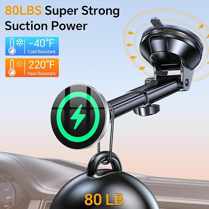 Coolpow for MagSafe Car Mount Charger【Ultra Magnet】 Magnetic Phone Holders for Your Car Charger【Windshield+Vent+Dash】 Magnetic Wireless Car Phone Holder Charger Car Mount for iPhone 17 (Gray)