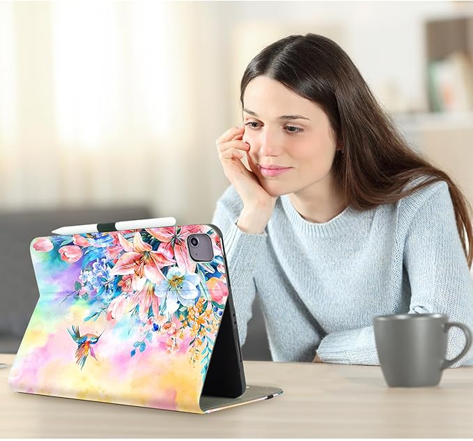 Vimorco for iPad Air 13 Inch Case M4/M3/M2 2026/2025/2024 Floral, for iPad Air 13 Case for Girls Women, Pencil Holder/Hand Strap/Pocket/Screen Protection Band, for iPad Air Case 13, Pink Flower Bird