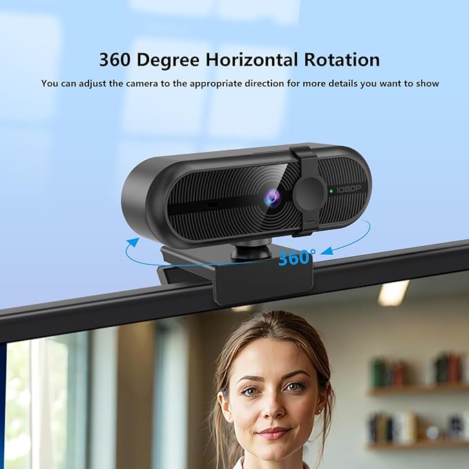 1080P Webcam for PC, Webcam with Mic, Auto Light Correction, 90° Wide Angle, Built-in Privacy Cover, Supports YouTube, Zoom, Teams, Meet, Skype, Perfect for Solo Meeting, Live Streaming