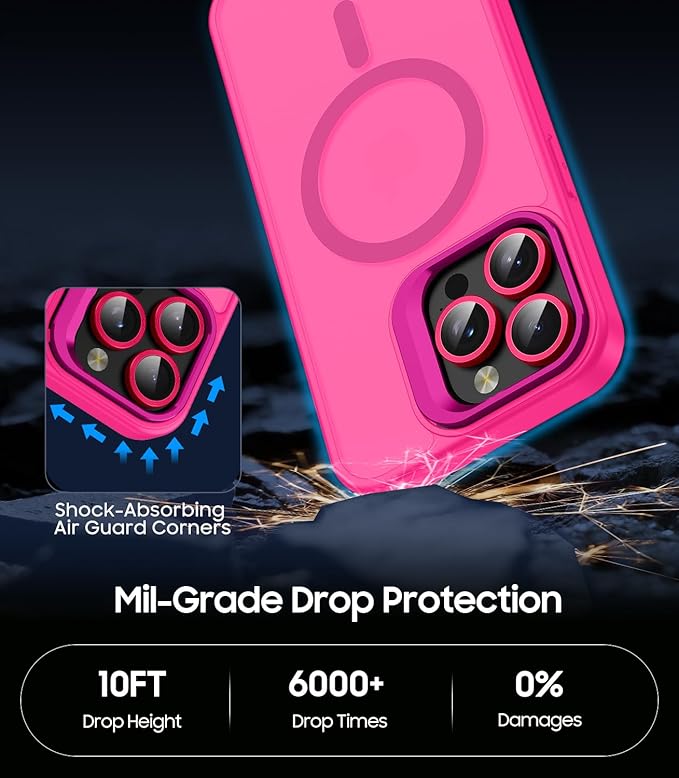 TOBOVON for iPhone 16 Pro Max Case, Compatible with MagSafe, Built-in Camera Ring Stand, with Individual Camera Cover, Translucent Matte Military-Grade Drop Protection Magnetic Case, Hot Pink