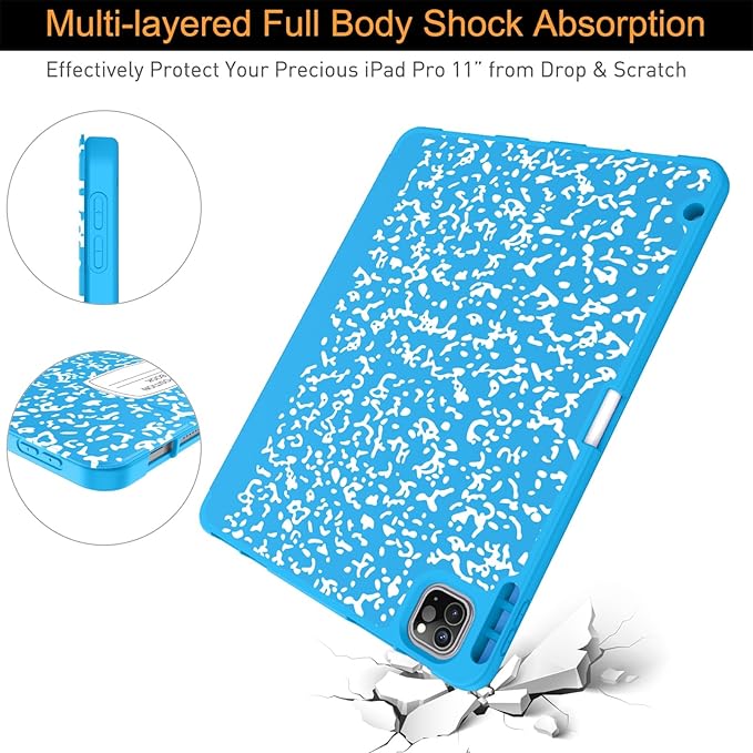 Soke for iPad Pro 11 Case (M2) 2022/2021/2020 with Pencil Holder - [Full Body Protection + Apple Pencil Charging + Auto Wake/Sleep], Soft TPU Back Cover for 2022 iPad Pro 11 inch(Book Blue)