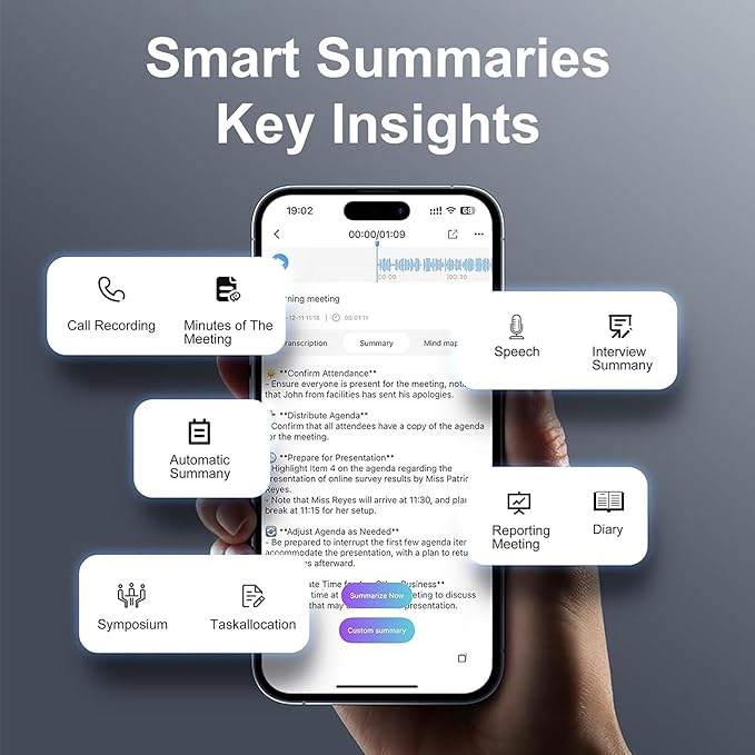 Ai Voice Recorder with Transcribe & Summarize, Note Voice Recorder Support 118 Languages, 64GB, Audio Recorder with App Control, Slim Ai Note Taking Device for Lectures, Meetings, Calls
