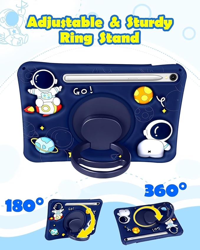 Wazzasoft for Samsung Galaxy Tab S10 FE/S9 FE Case - Tab S9 Case Boys Cute Astronaut Cover Kawaii 3D Spacemen with Rotating Handle Stand + Strap Soft Silicone Cover Funda para Tab S10 Fe 10.9 Inch