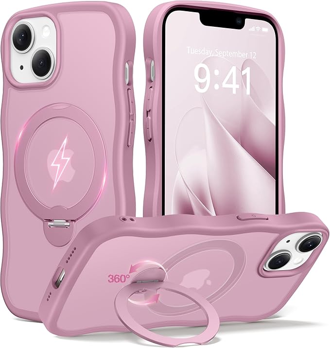CAPRARO for iPhone 13 Case & iPhone 14 Case with 360° Spin Magnetic Stand for Women, [Compatible with MagSafe] [Camera Protection] Cute Wave Translucent Matte Case for iPhone 13/14, Black Currant