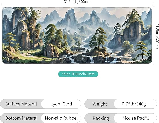 Thin Extended Gaming Mouse Pad （31.5 * 11.8 * 0.08 inch） with Stitched Edges Large Mousepad Long XXL Keyboard and Mouse pad Desk Mat for Gaming Office & Home - Landscape Painting